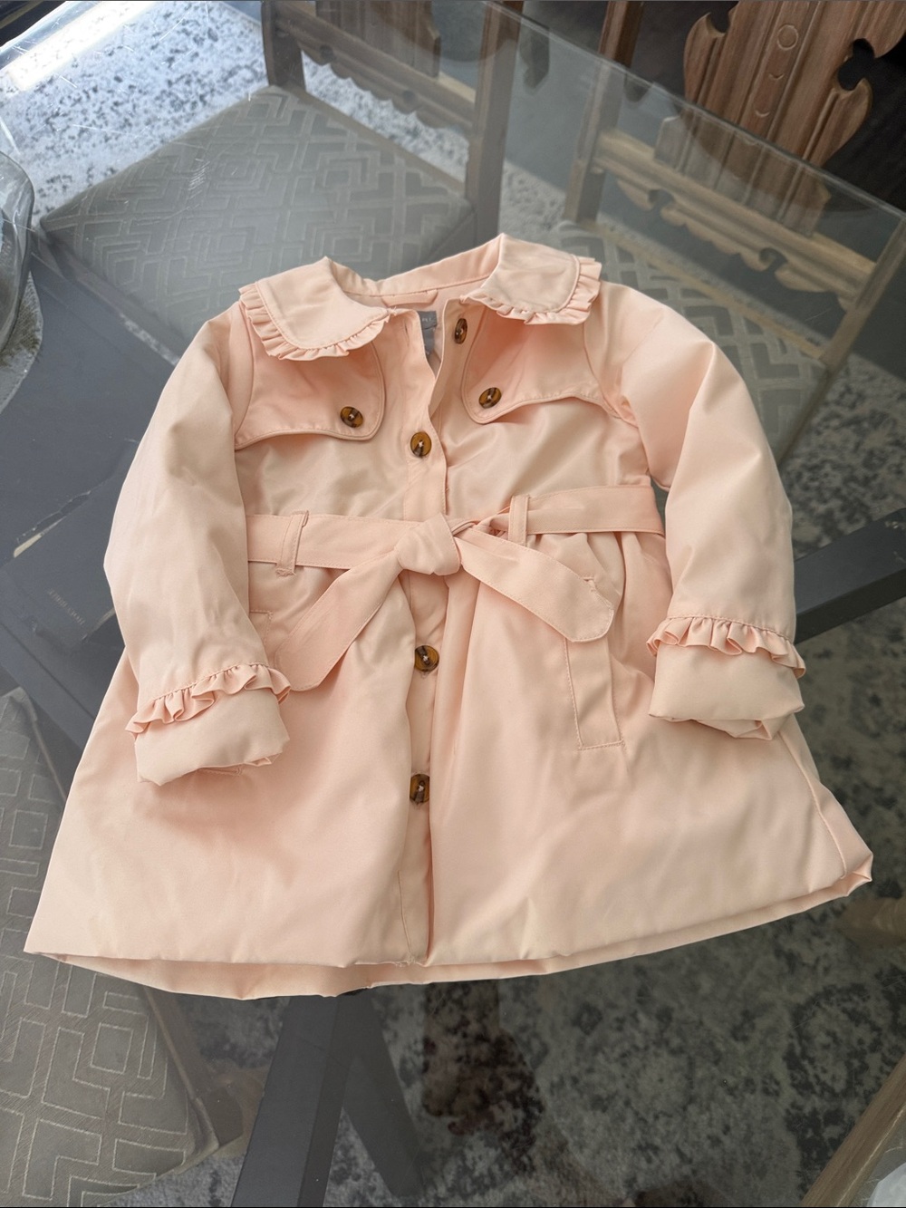 Kids Pink Ruffle-Lined Trench Coat with Belt- NWT never worn